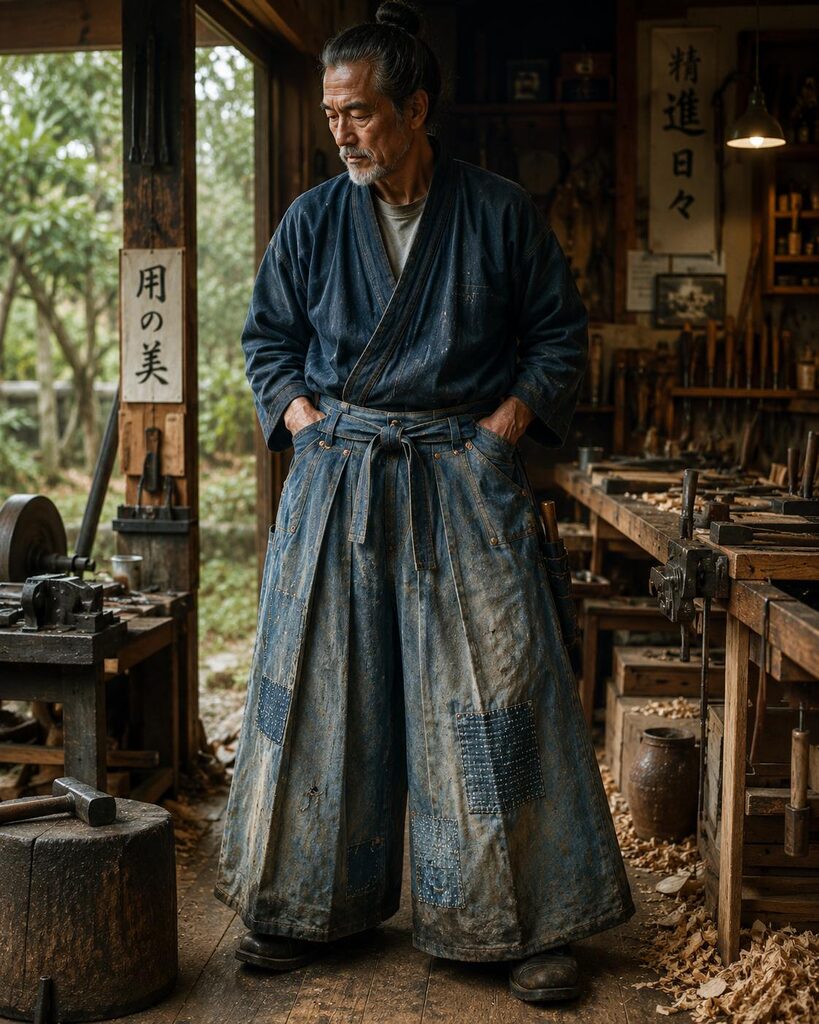 AI rendering of an older craftsman wearing indigo shop hakama in a traditional workshop